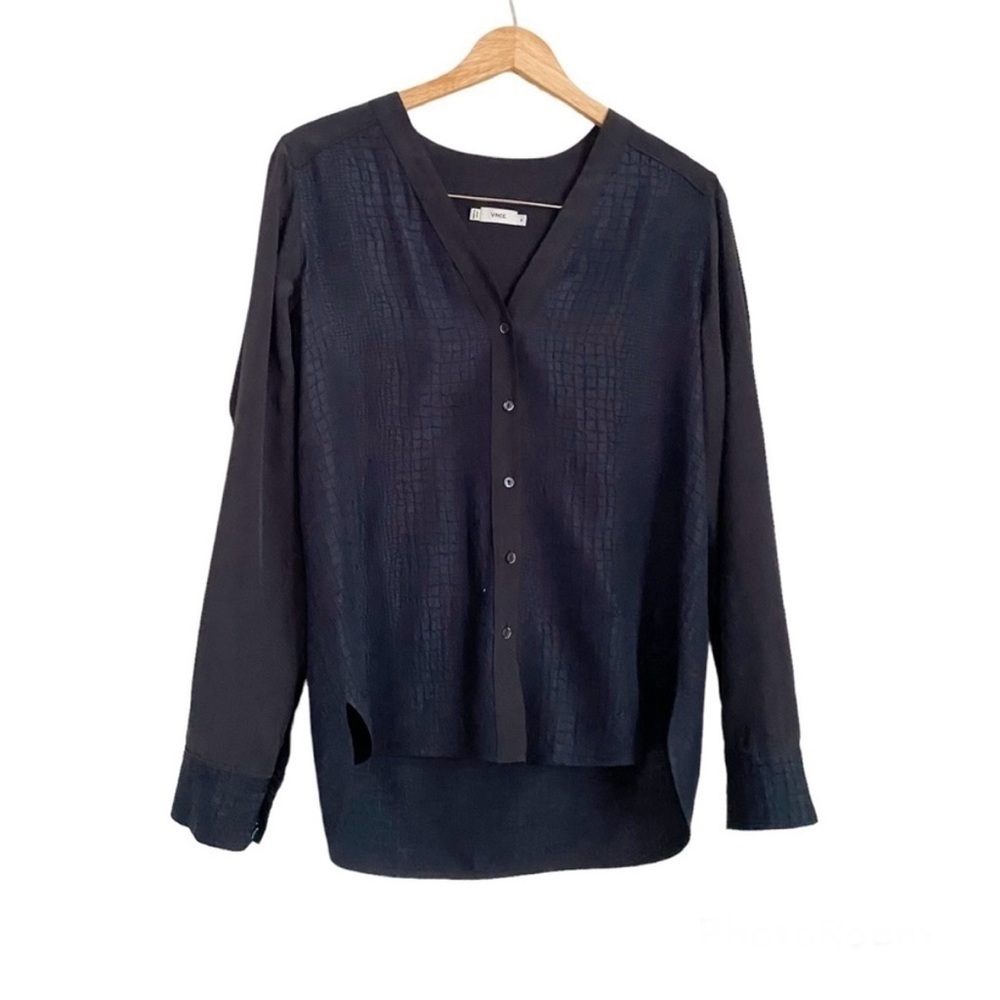 Vince Silk Textured V-neck Blouse Top Navy Blue M